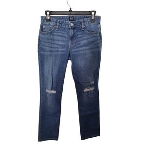 Gap Straight Leg Jeans Womens 25 Blue Distressed Ripped Knee Mid Rise Denim